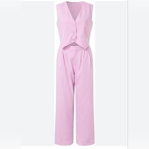 Women's Pink Sleeveless 100% Cotton Vest And Pants Set Size L  Wide Leg